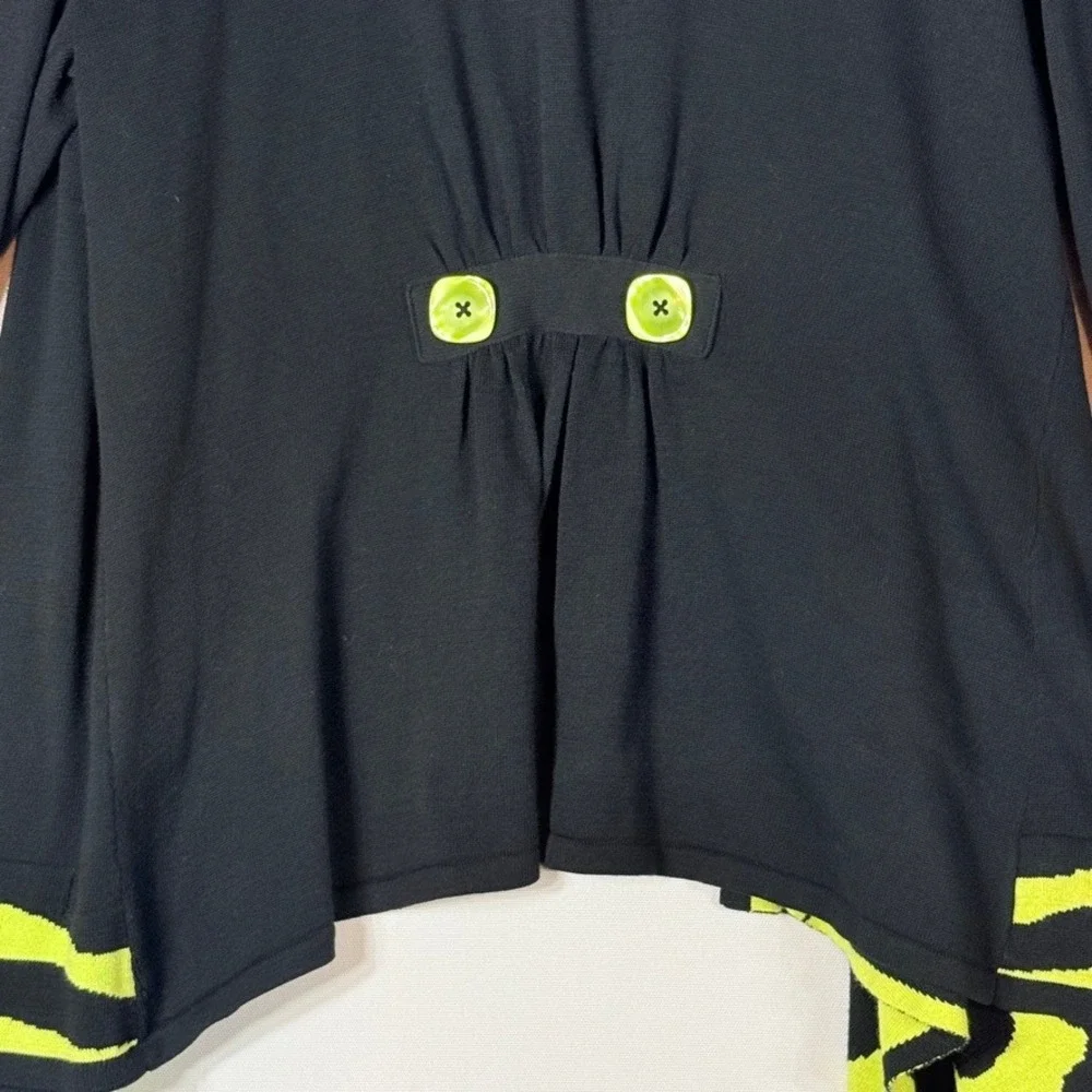 Abbie Mags Large Cardigan‎ Black Lime Womens Open Front Artsy Modern Abstract